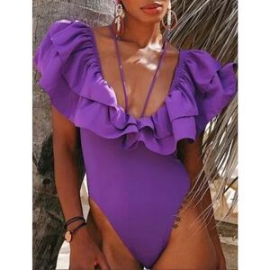 ZARA NWT Fashion Maxi Ruffle V Neck Purple Swimsuit Size S